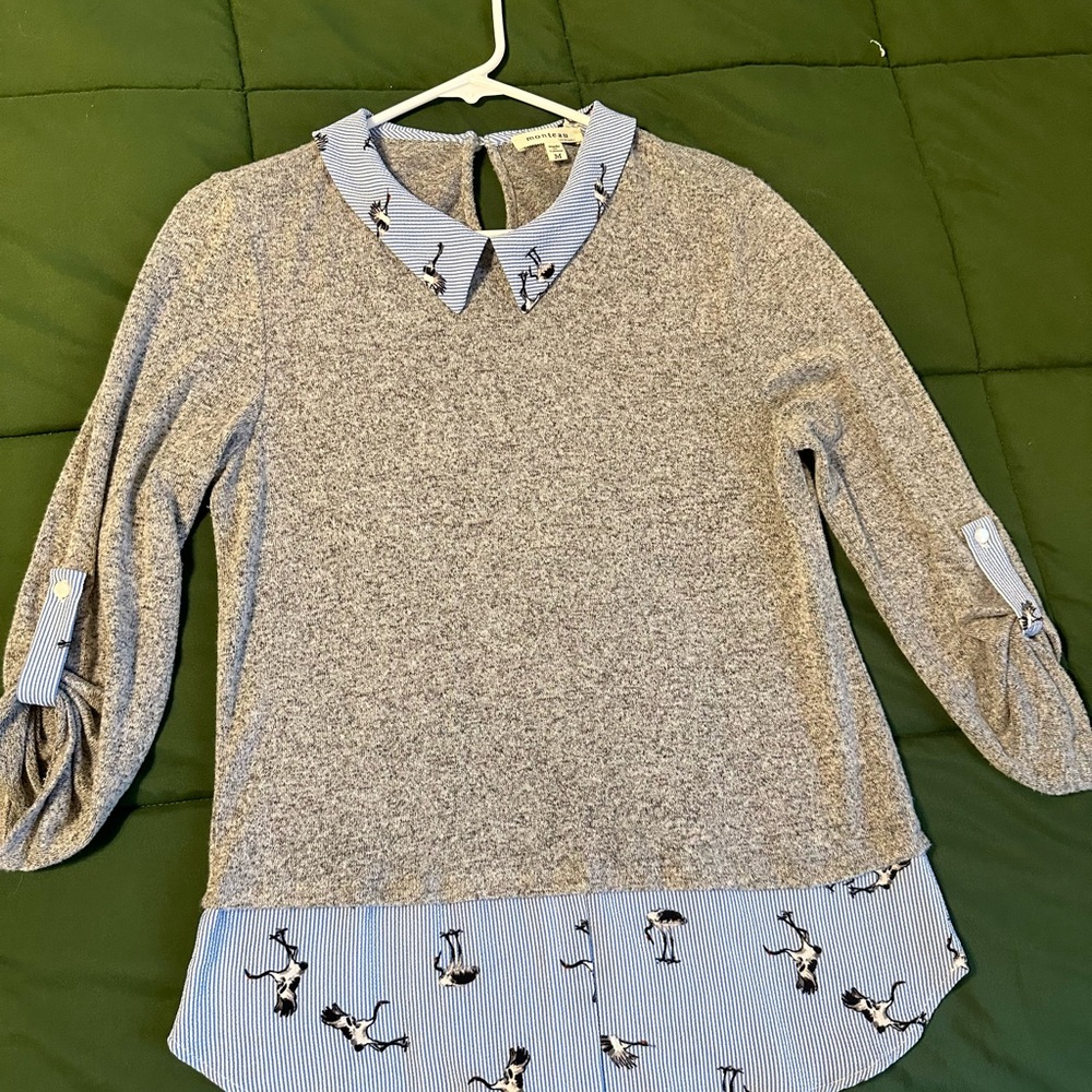 Monteau Gray and Blue Women’s Blouse  with Bird Design